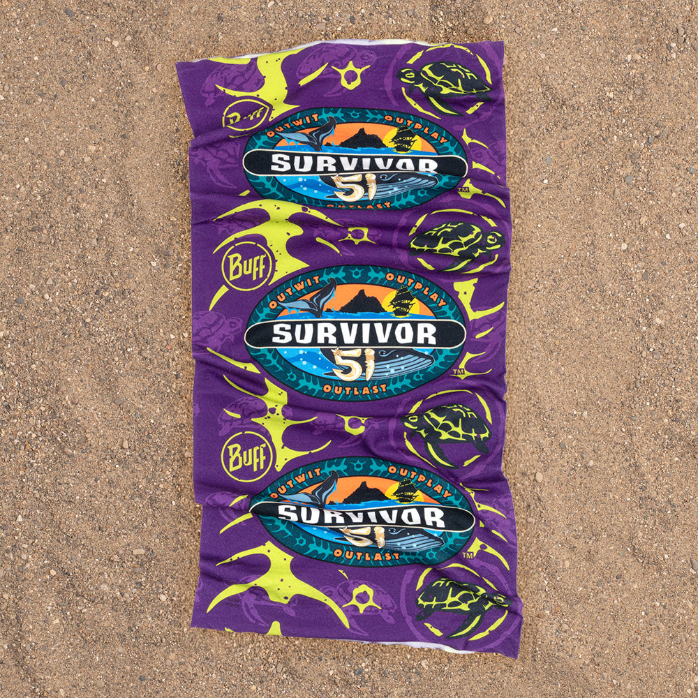 Close-up of official Survivor Season 51 purple Dina Tribe BUFF headwear highlighting stretch material and branding.