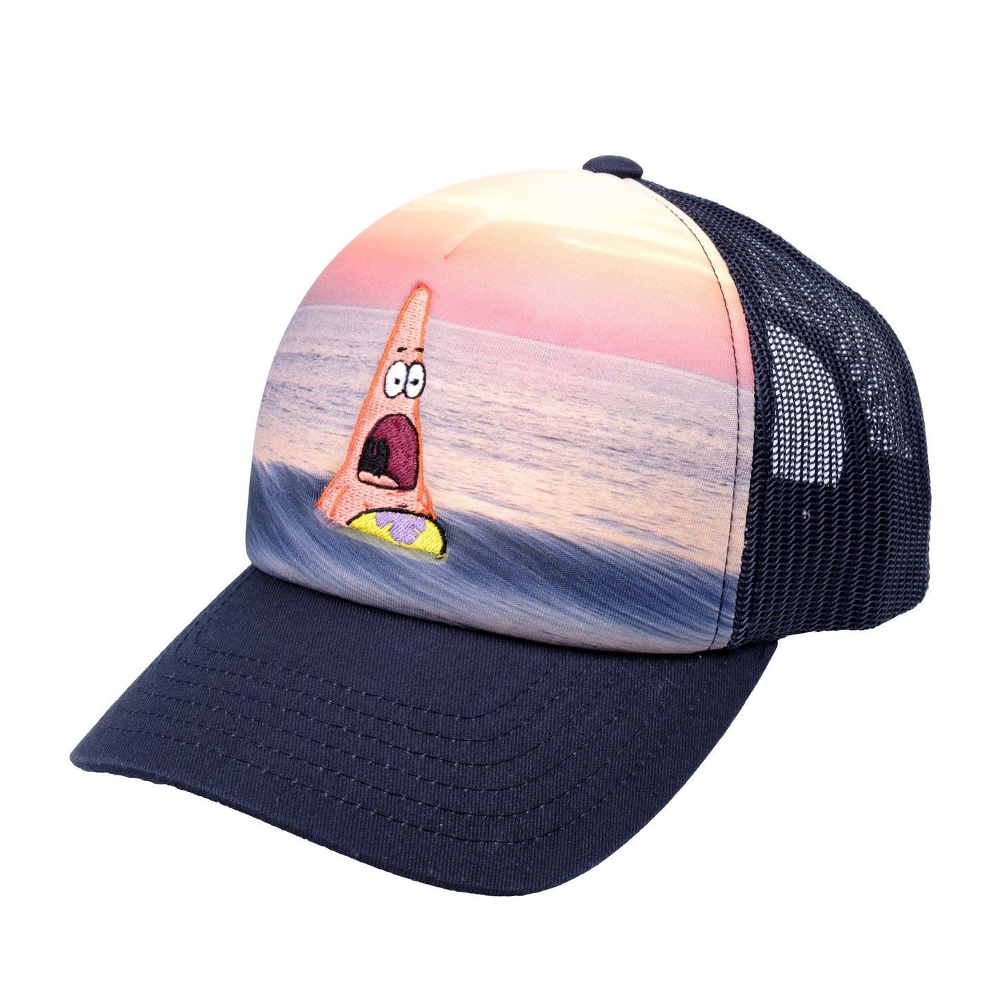 Front view of navy blue SpongeBob SquarePants trucker hat featuring Patrick Star graphic