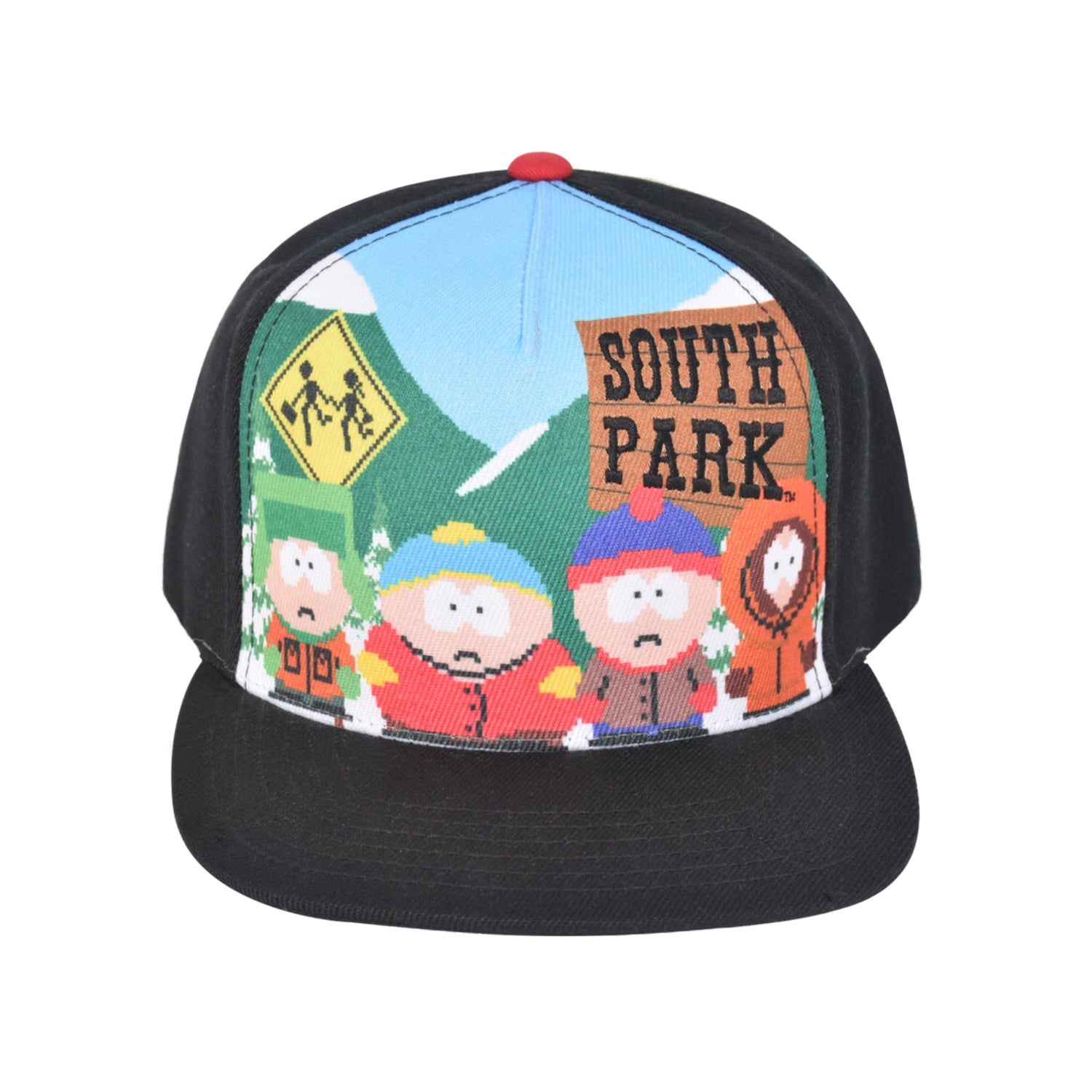 Side profile of South Park snapback hat showing structured crown and flat brim