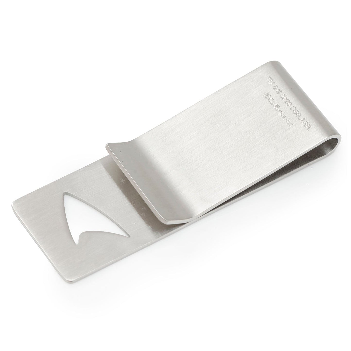 Close up of Star Trek Delta Shield cutout on silver money clip