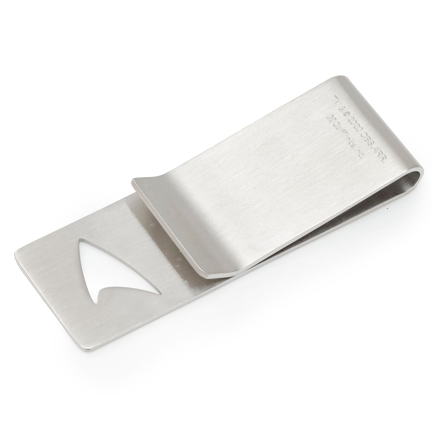 Close up of Star Trek Delta Shield cutout on silver money clip