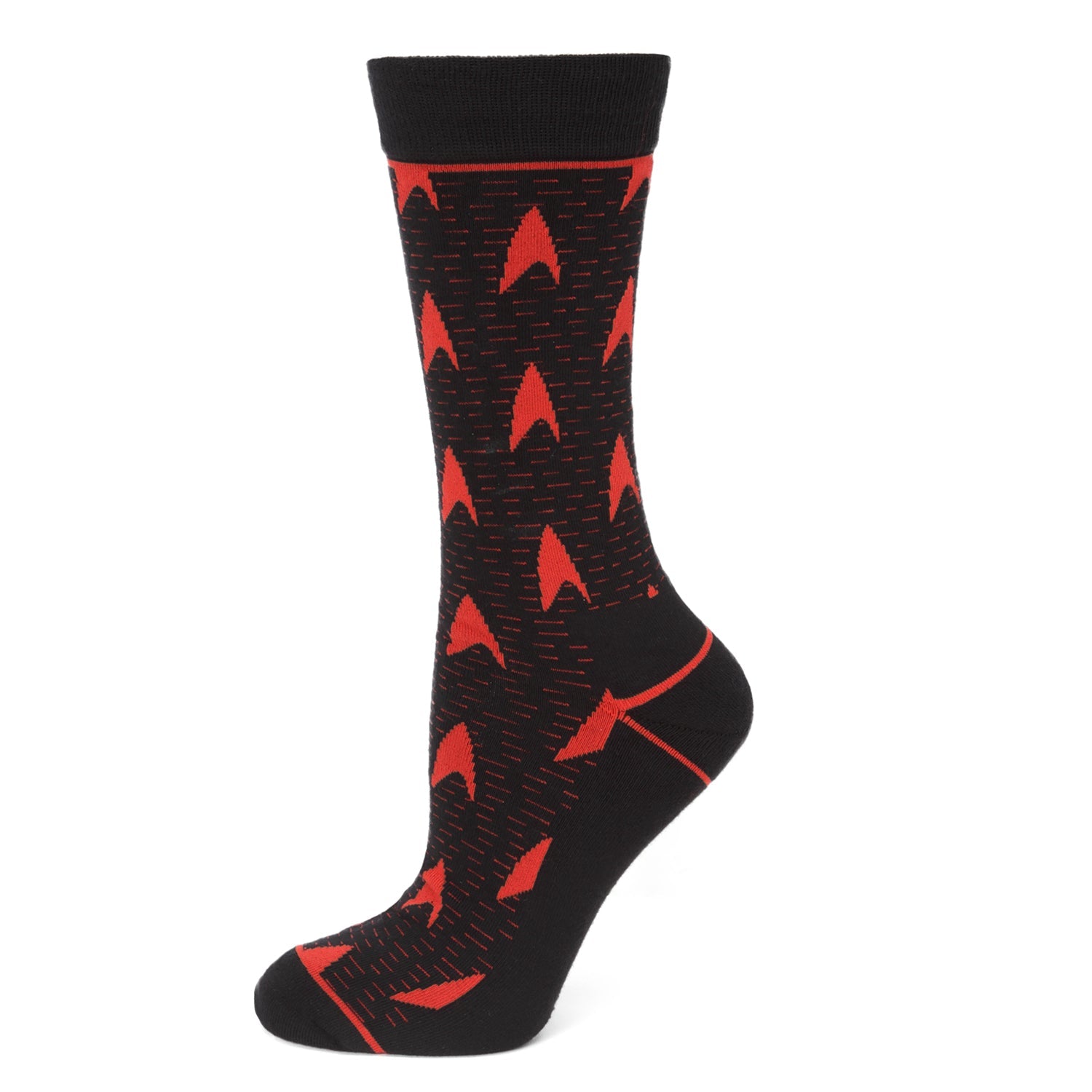 Close up of black socks featuring a repeating pattern of red Star Trek Delta shields.