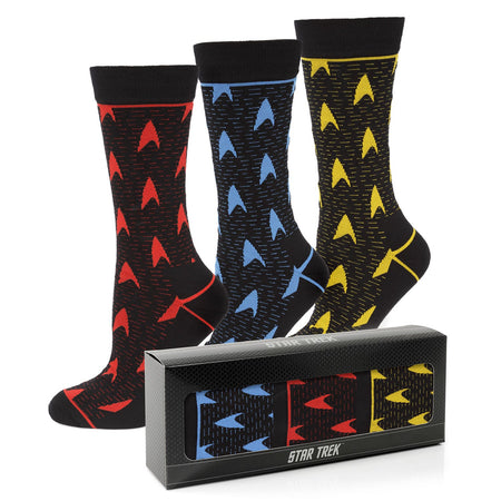 Close up of Star Trek Command Yellow sock with knit Delta Shield logo