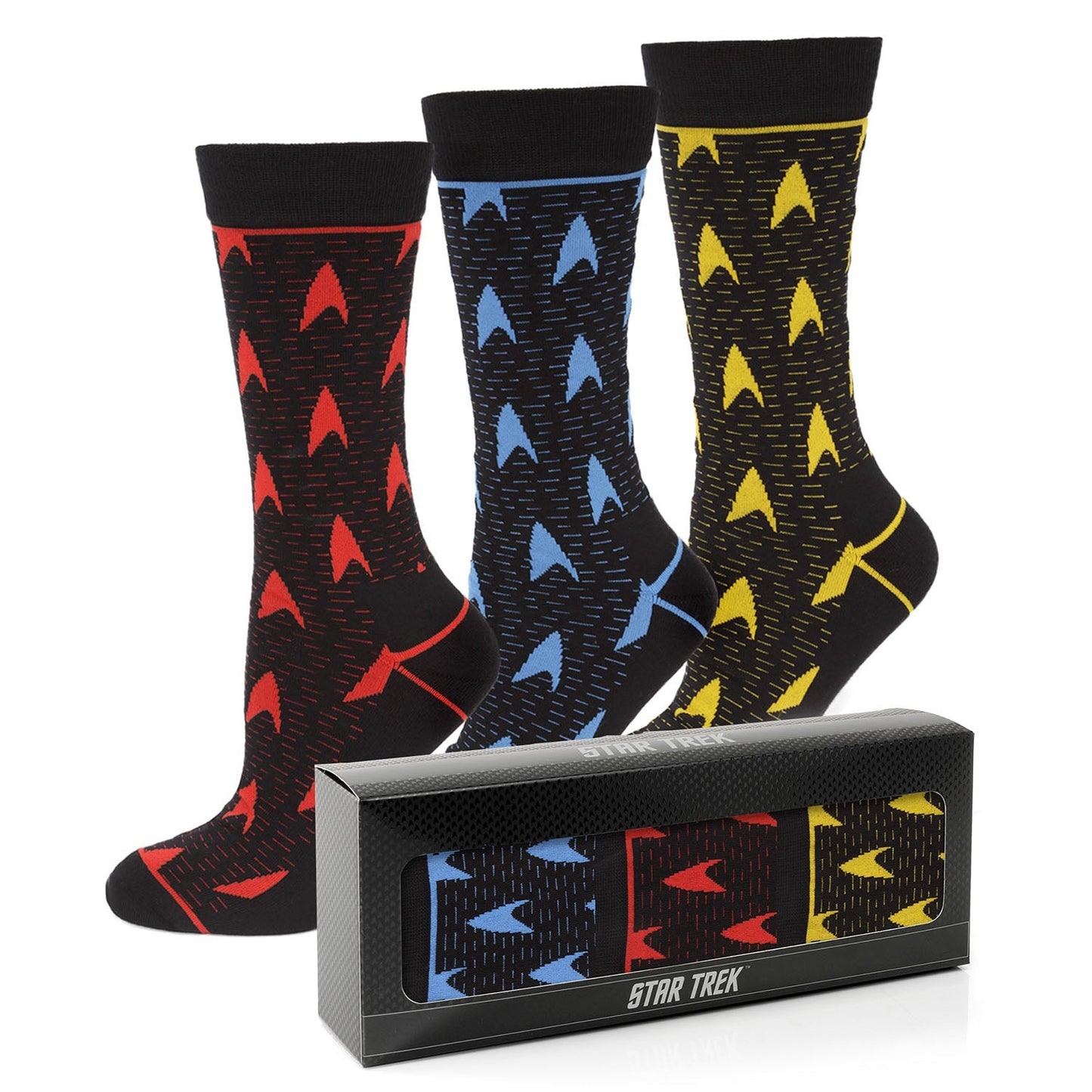 Close up of Star Trek Command Yellow sock with knit Delta Shield logo