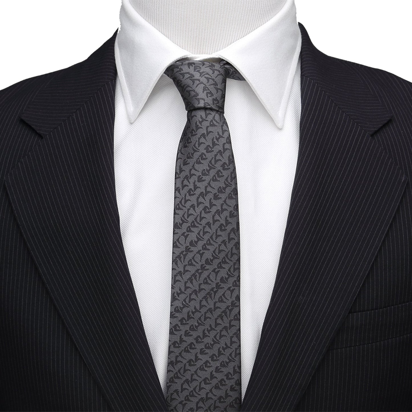 Close up of woven Klingon alphabet characters on gray silk tie