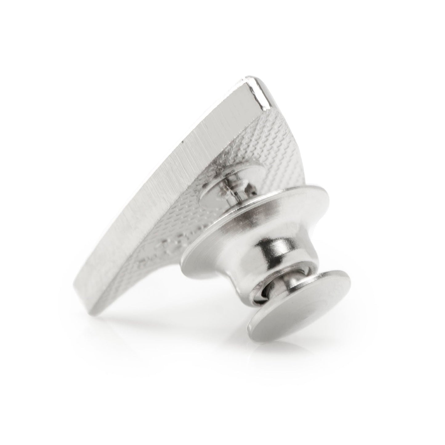Close up of polished silver Star Trek Delta Shield pin
