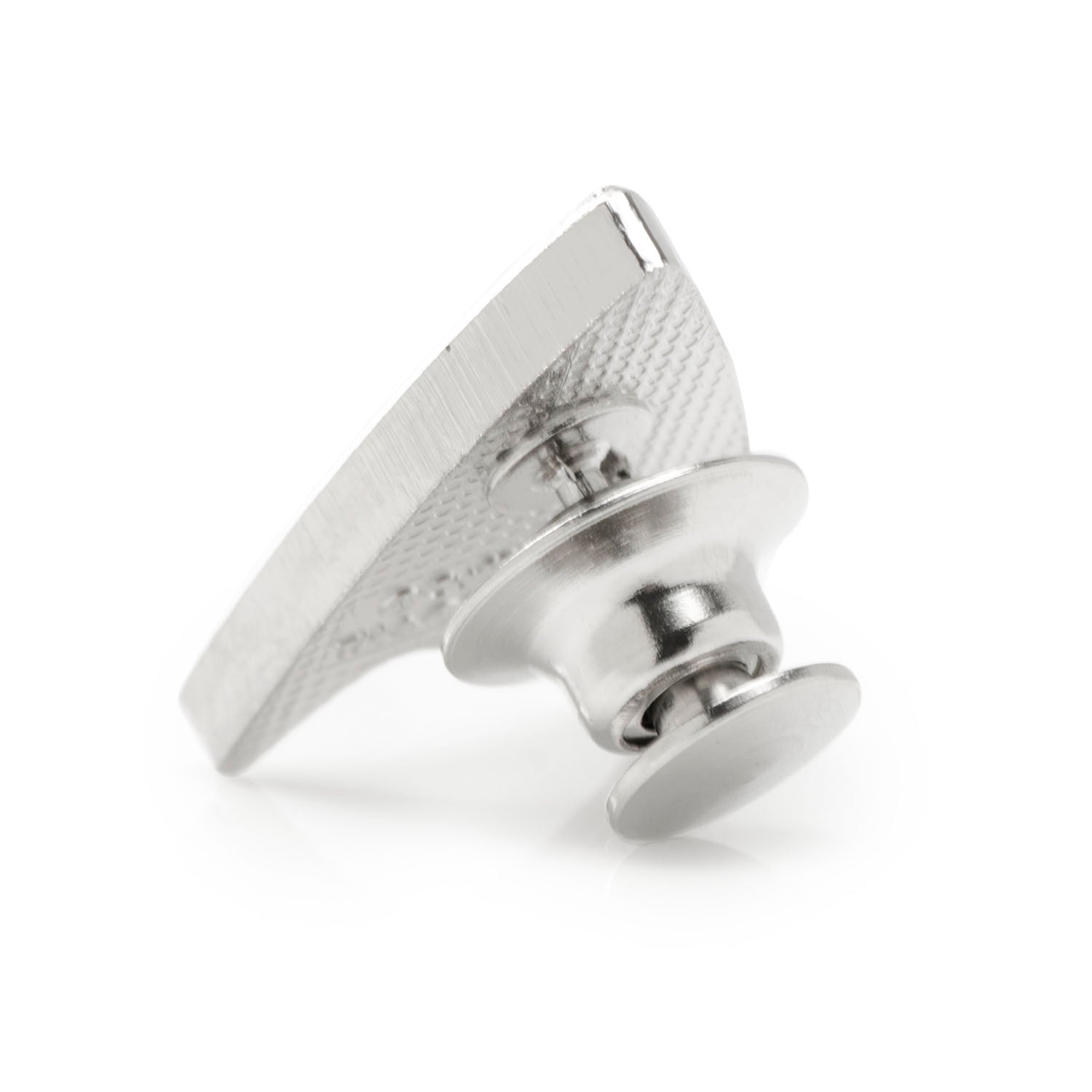 Close up of polished silver Star Trek Delta Shield pin