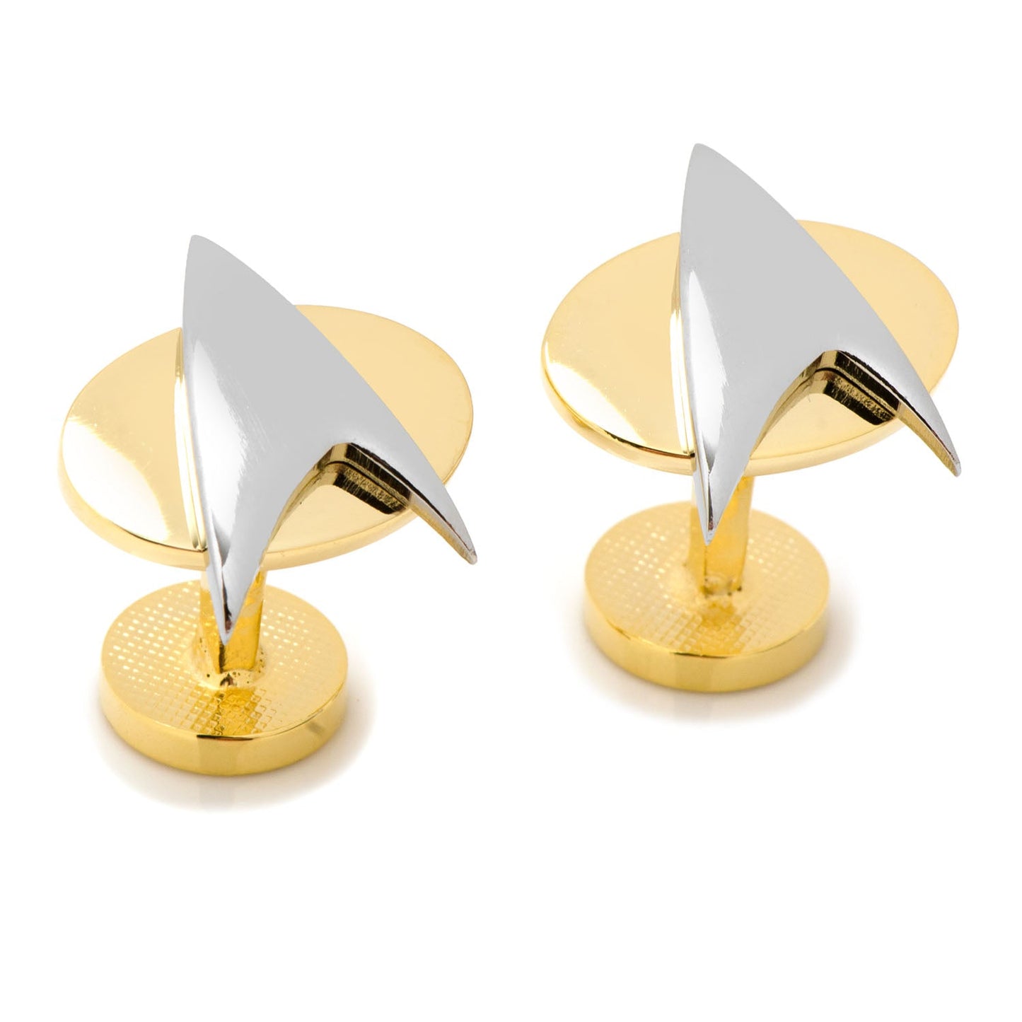 Pair of Star Trek Delta Shield cufflinks displayed on a white background
