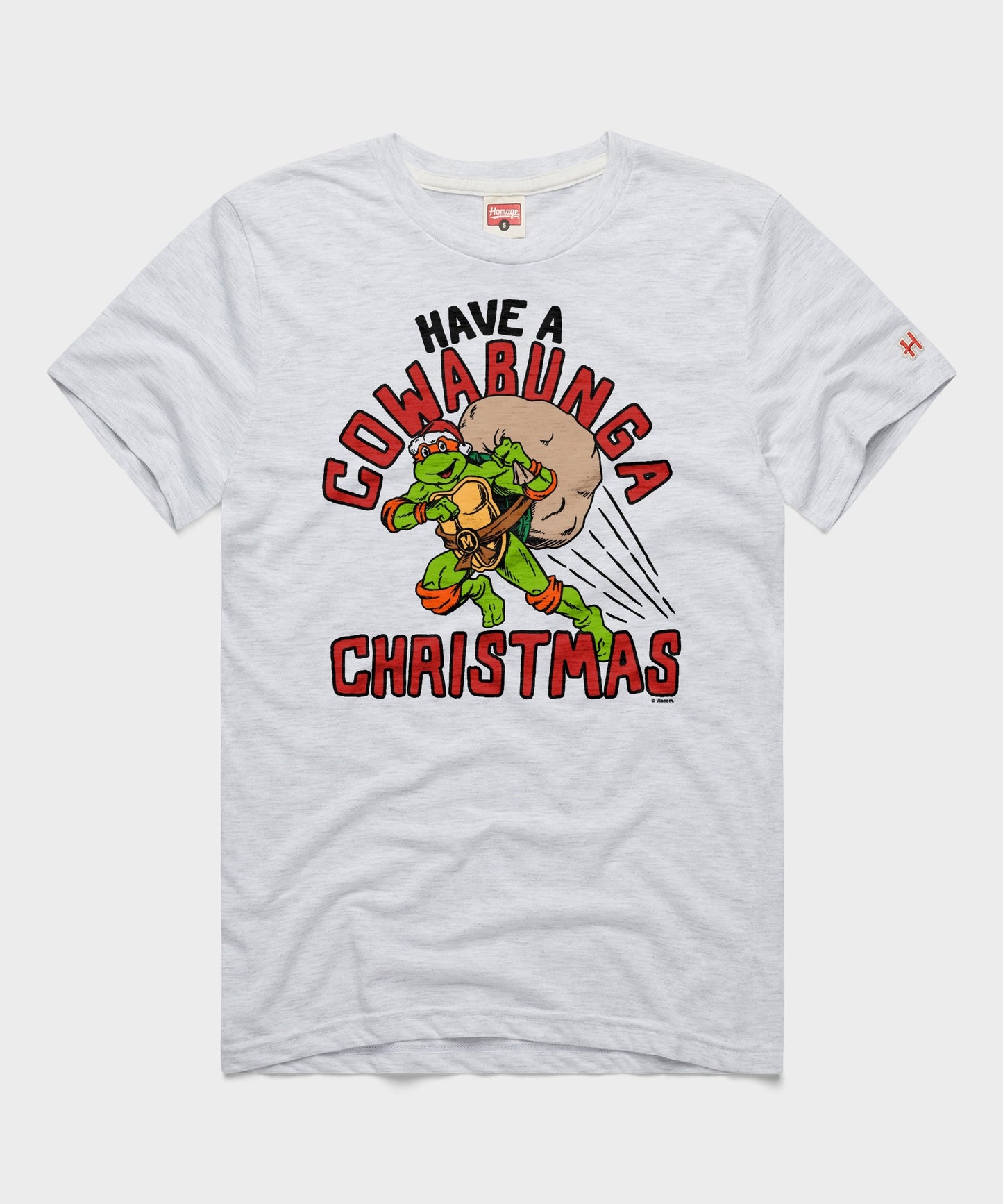 Ash grey short-sleeve t-shirt with a festive Teenage Mutant Ninja Turtles holiday graphic centered on the chest