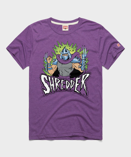 Royal purple short-sleeve crewneck t-shirt with a vintage graphic of Shredder centered on the front chest