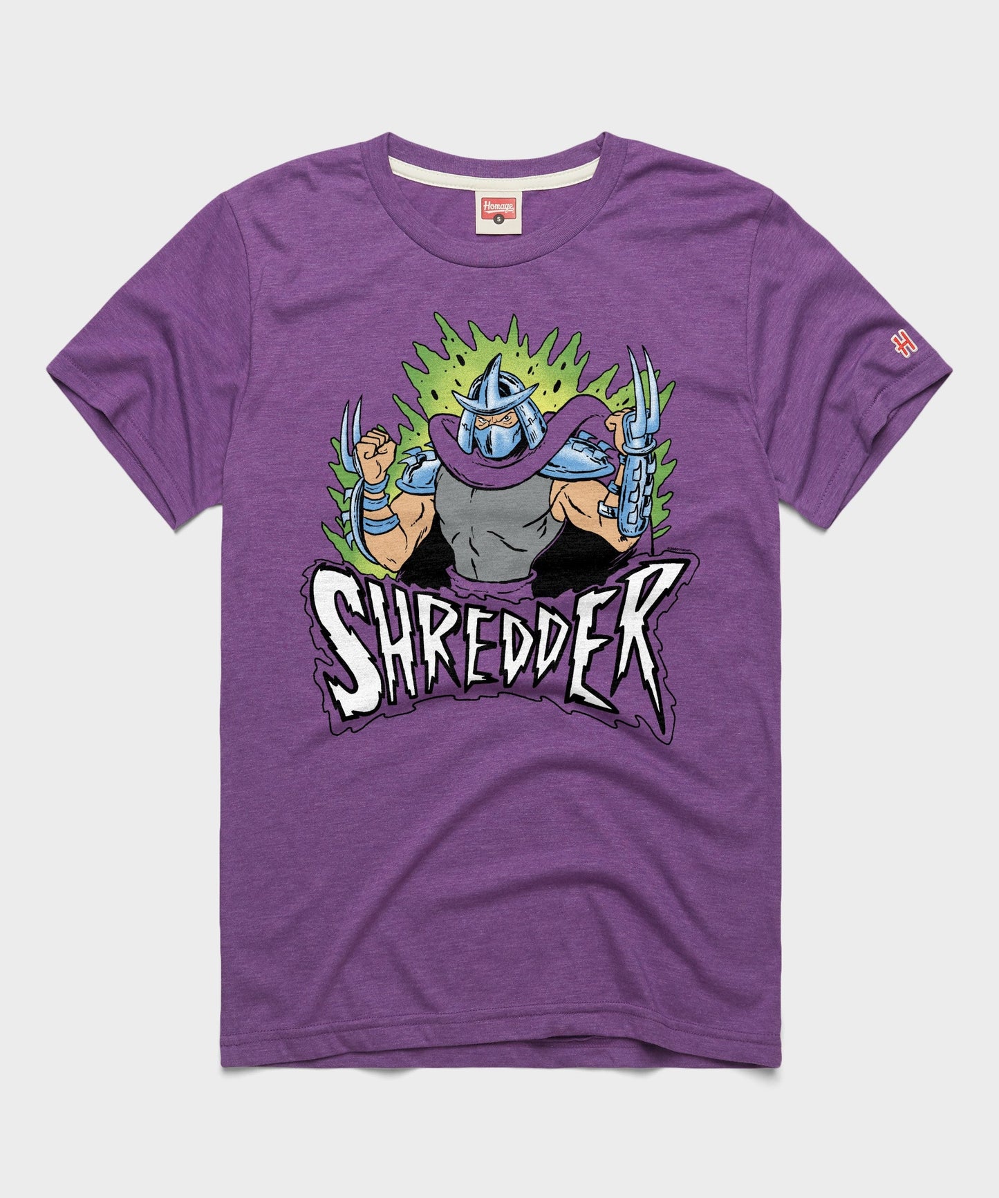Royal purple short-sleeve crewneck t-shirt with a vintage graphic of Shredder centered on the front chest
