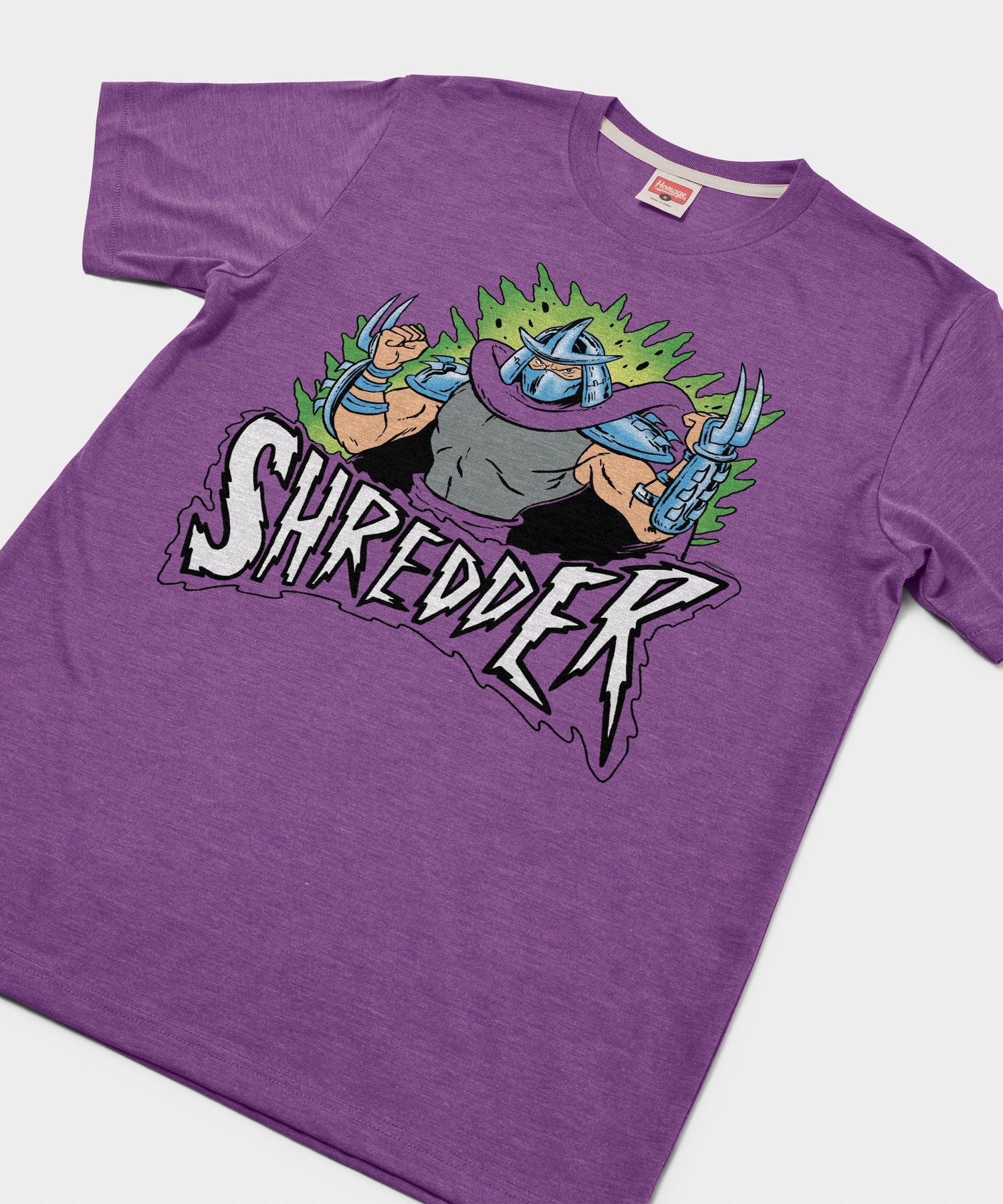 Close-up of the front chest graphic showing Shredder in his iconic silver armor and helmet