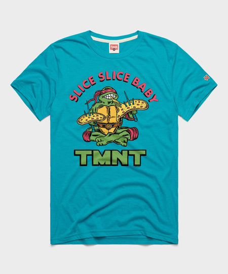 Teal short-sleeve t-shirt with the TMNT Slice Slice Baby graphic printed on the front chest