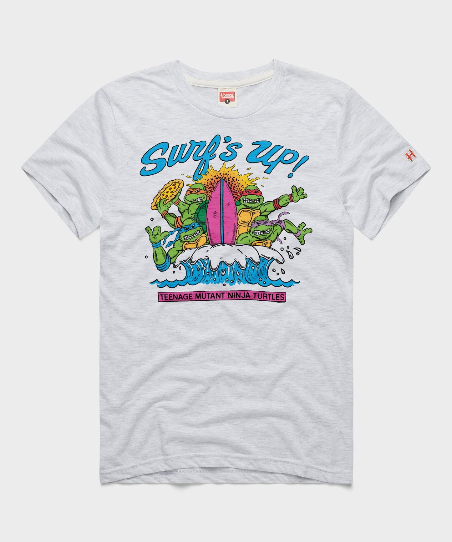 Ash grey short-sleeve t-shirt with a Teenage Mutant Ninja Turtles Surf's Up graphic centered on the front