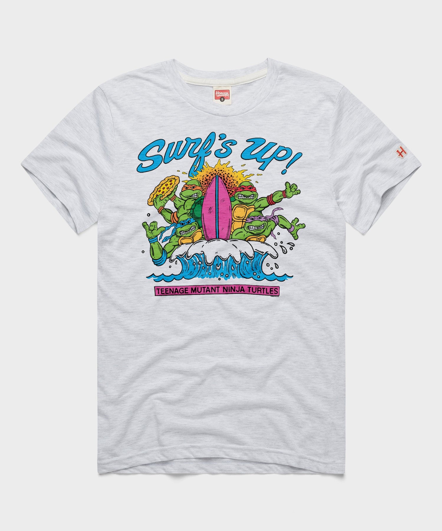 Ash grey short-sleeve t-shirt with a Teenage Mutant Ninja Turtles Surf's Up graphic centered on the front