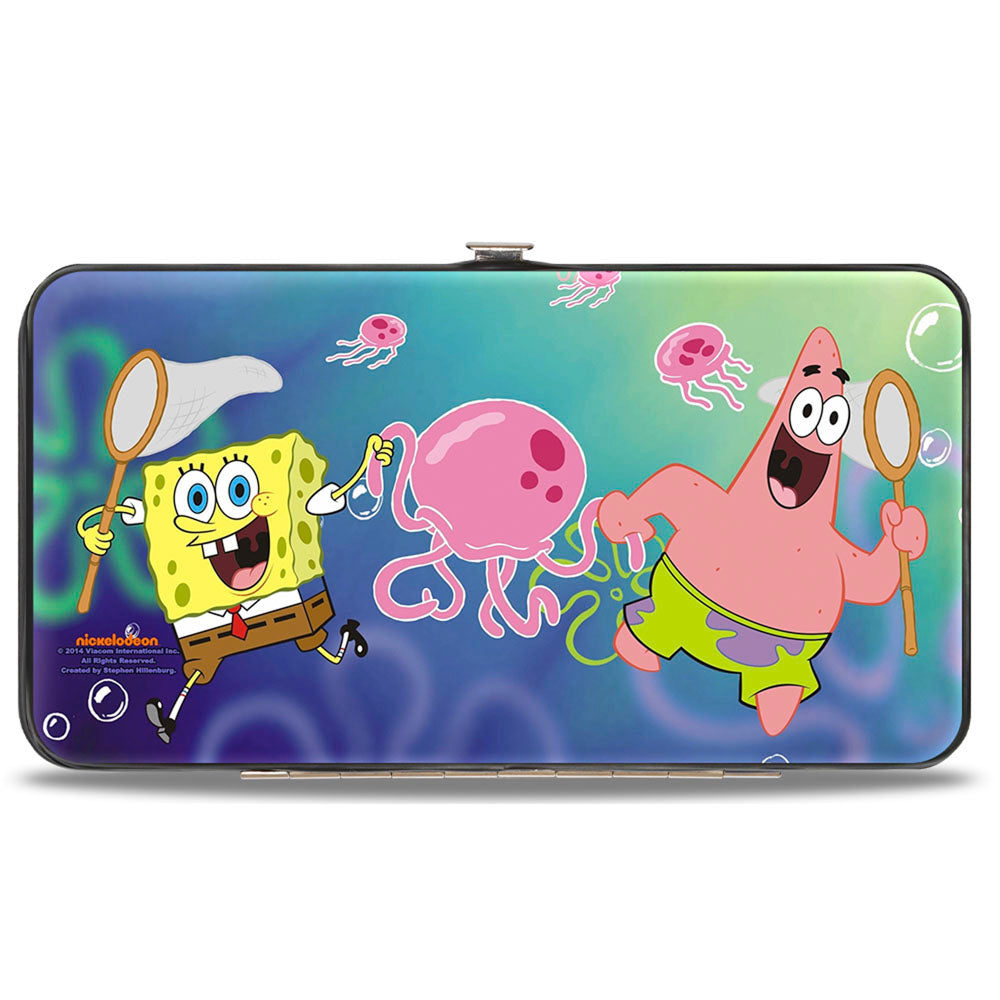 Rectangular clutch featuring Spongebob and Patrick jellyfish hunting underwater with nets and bubble wands.