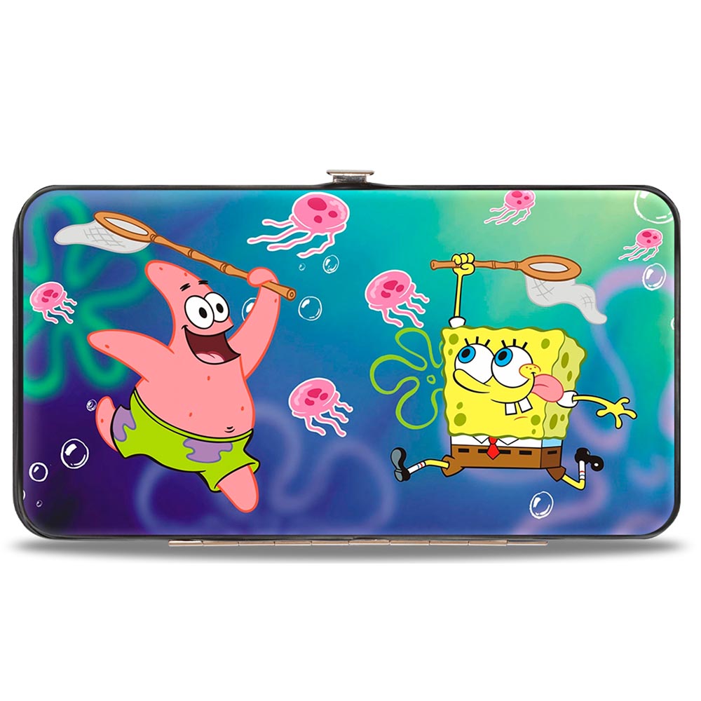 Spongebob and Patrick catching pink jellyfish with nets in a blue ocean, depicted on a rectangular wallet.