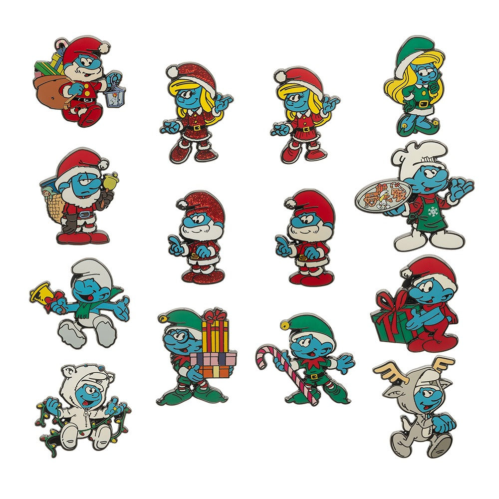 A festive The Smurfs Christmas blind box packaging featuring holiday graphics.