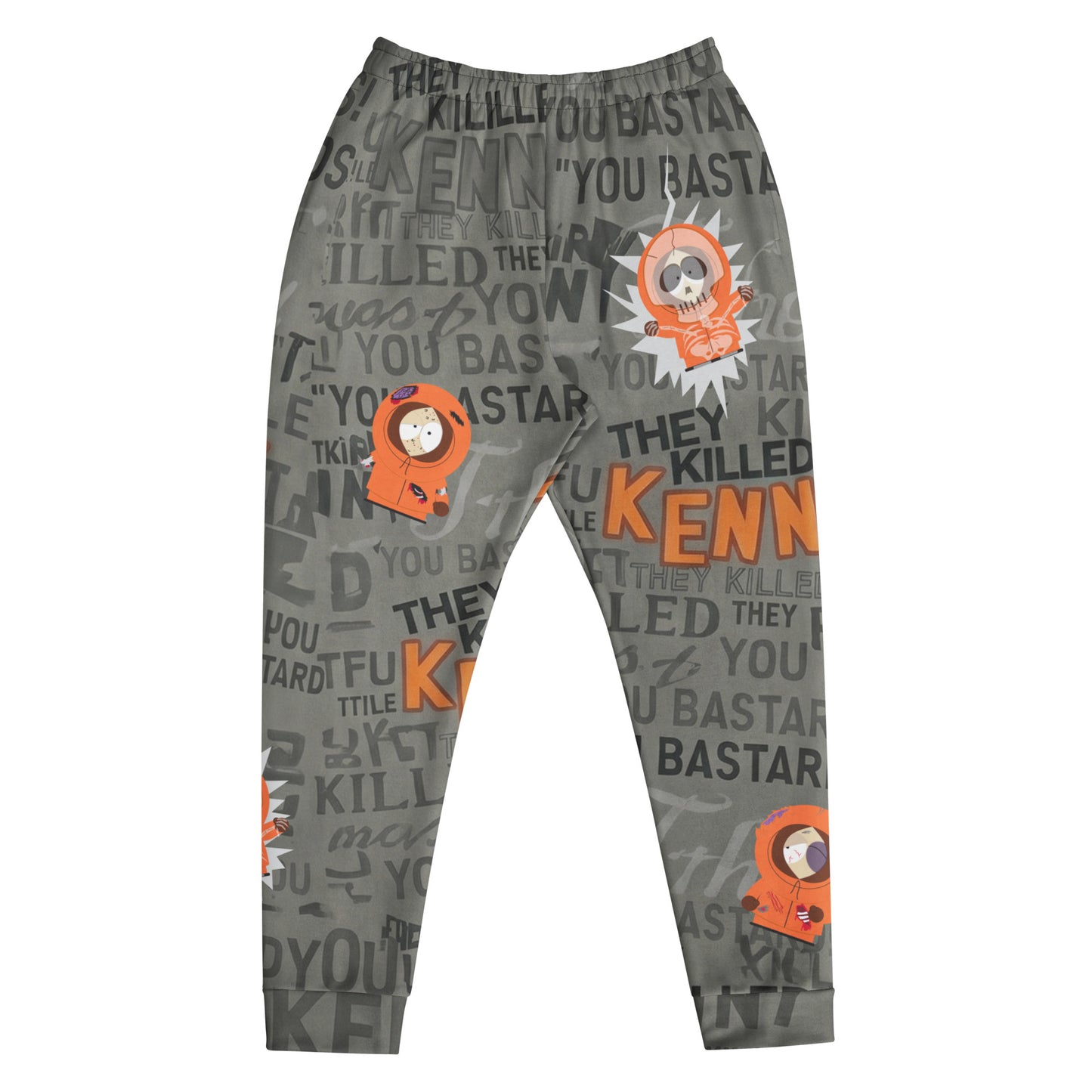 Front view of slim fit South Park sweatpants with Dead Kenny character design.