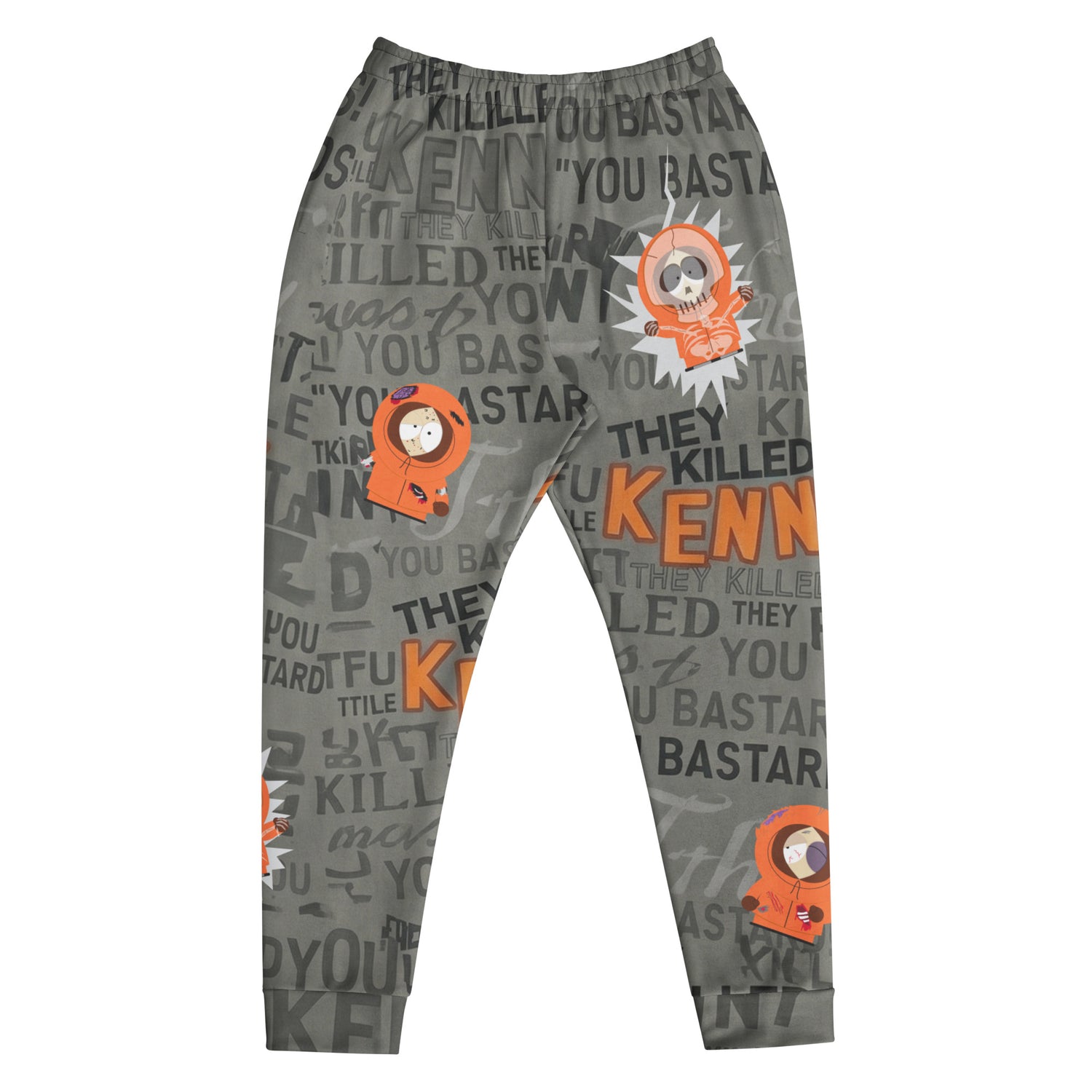 Front view of slim fit South Park sweatpants with Dead Kenny character design.