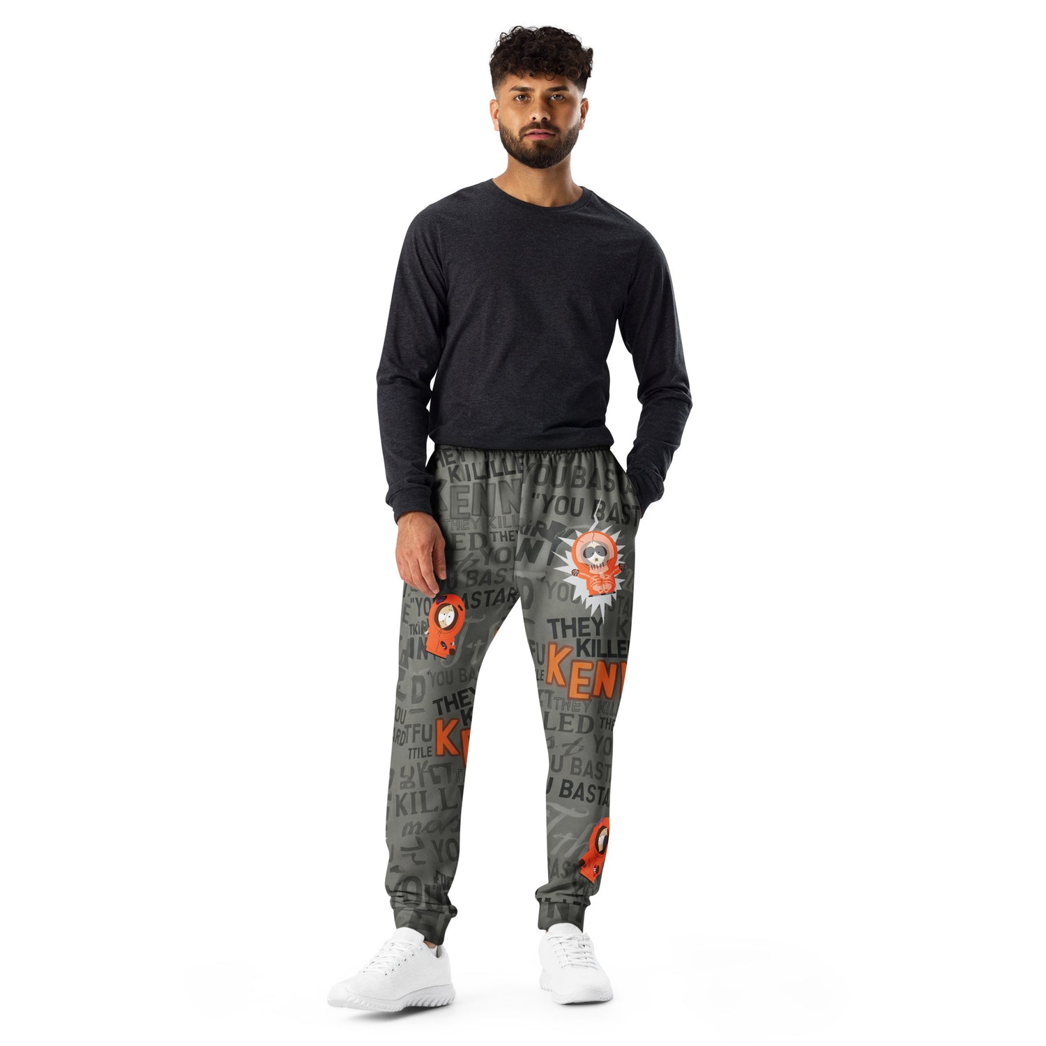 Detailed view of the Dead Kenny graphic on the leg of the South Park joggers.