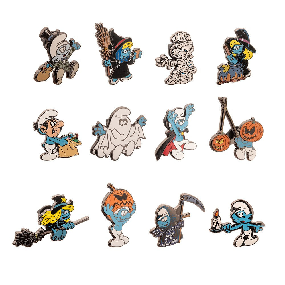 Close up of a Smurfs Halloween enamel pin featuring a Smurf in a spooky costume.