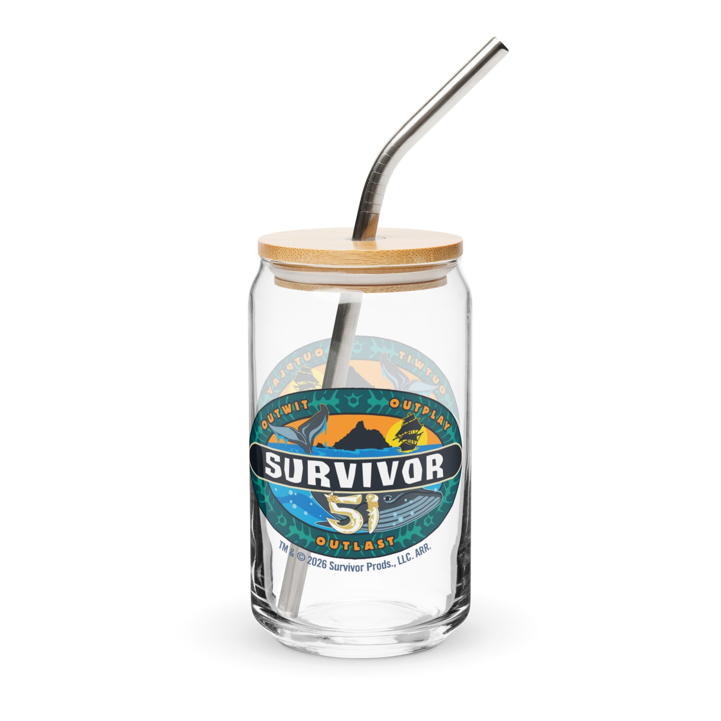 Close up of the high-quality Survivor Season 51 logo printed on a 16 oz. glass.