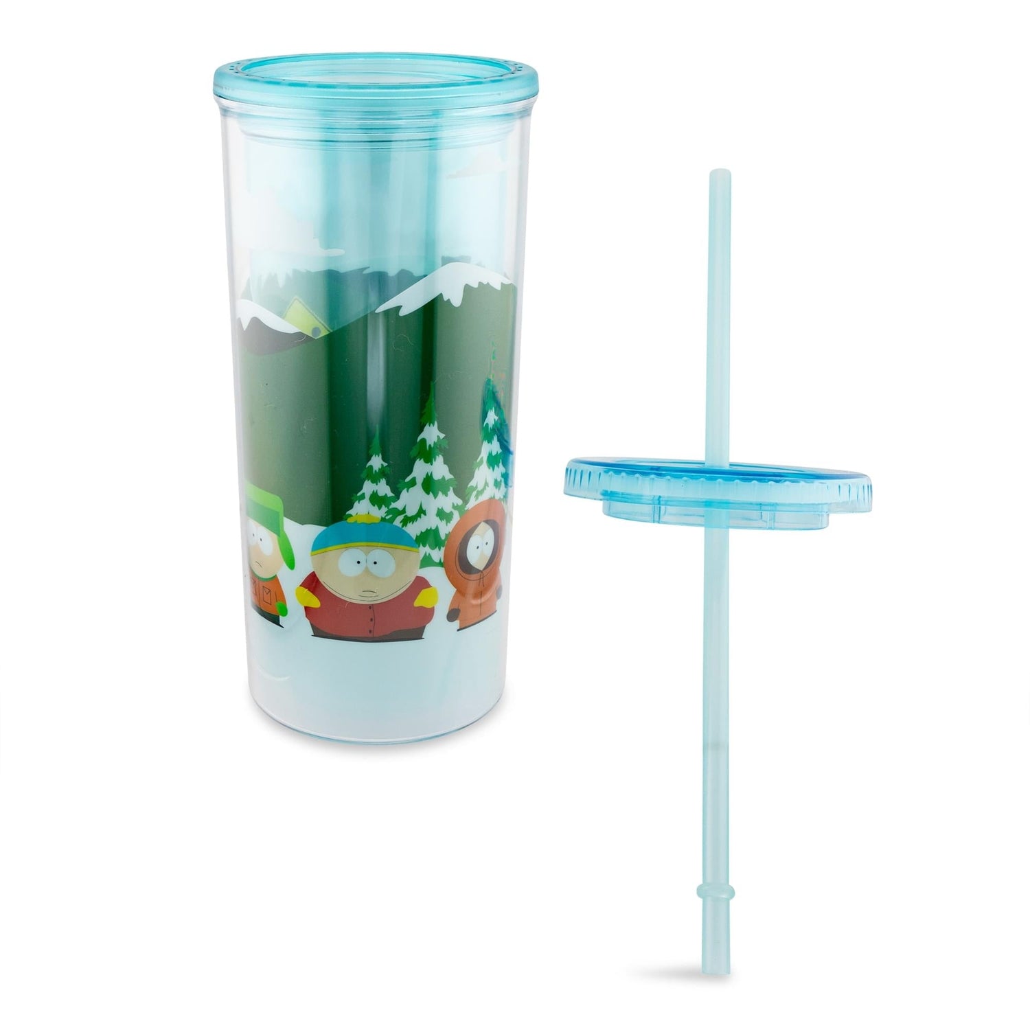 Side profile of the South Park 20-ounce cold cup highlighting the double-walled plastic design