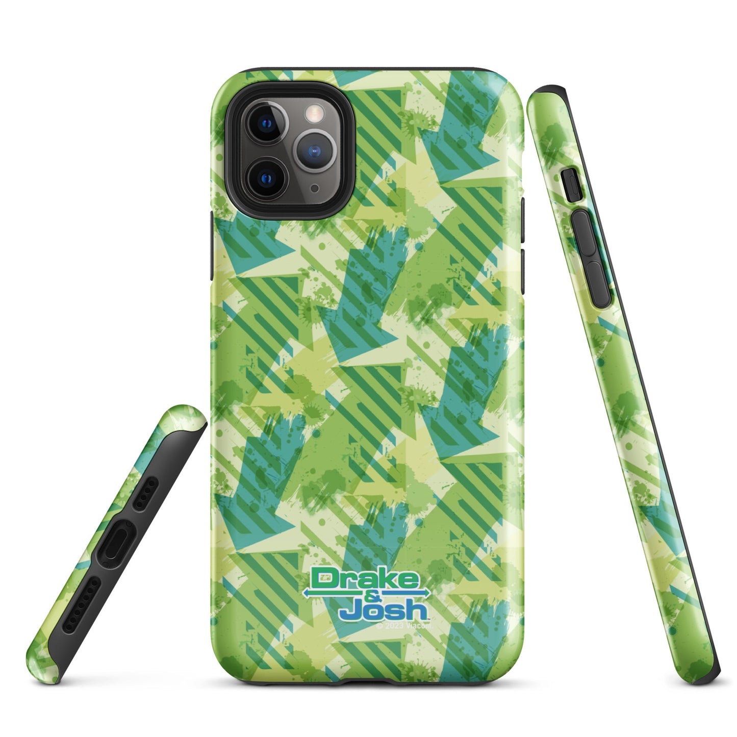 Angled side view of the Drake & Josh tough phone case showing camera cutout and buttons
