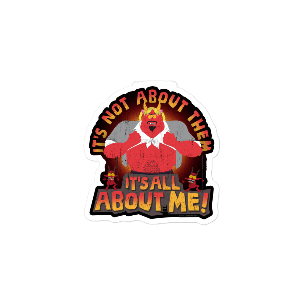 Lifestyle mockup showing the South Park Satan sticker applied to a laptop lid