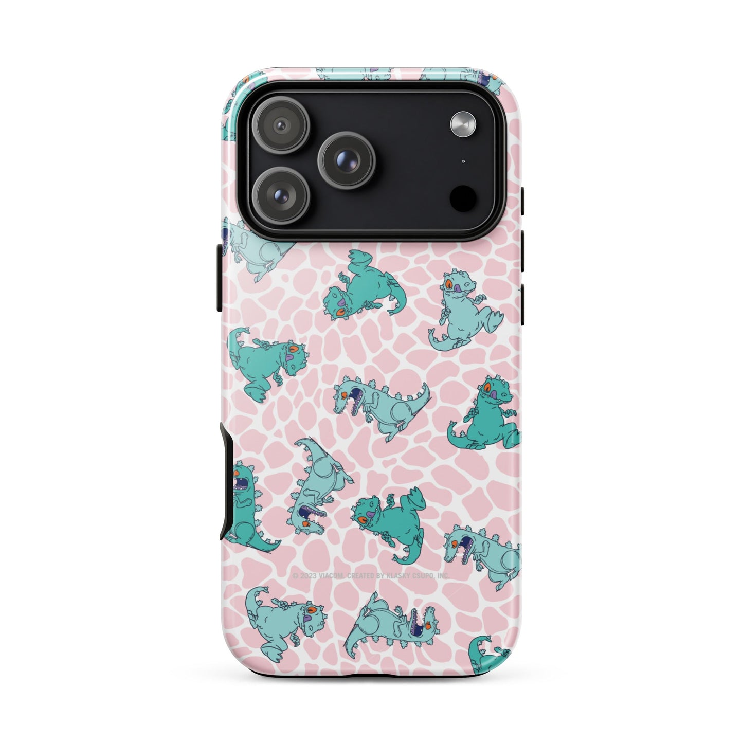 Flat lay of the Rugrats Reptar iPhone case on a clean background