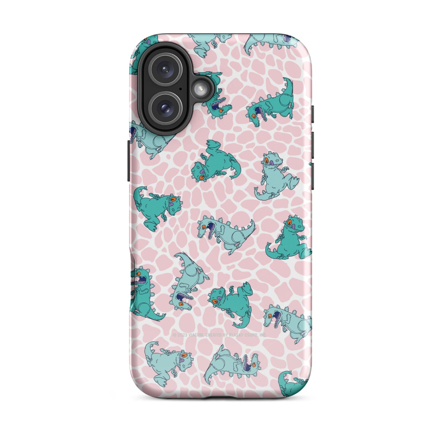 Angle view of the Reptar phone case showing camera cutout precision