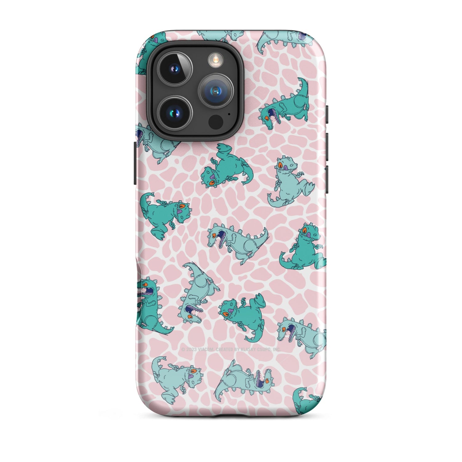 Flat lay of the Rugrats Reptar iPhone case on a clean background