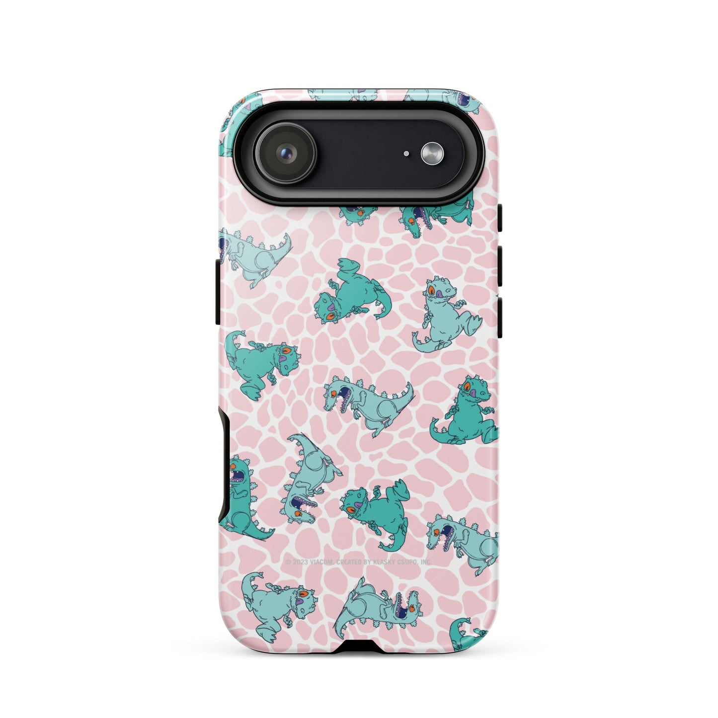 Close-up of the Reptar graphic printed on the back of the tough iPhone case