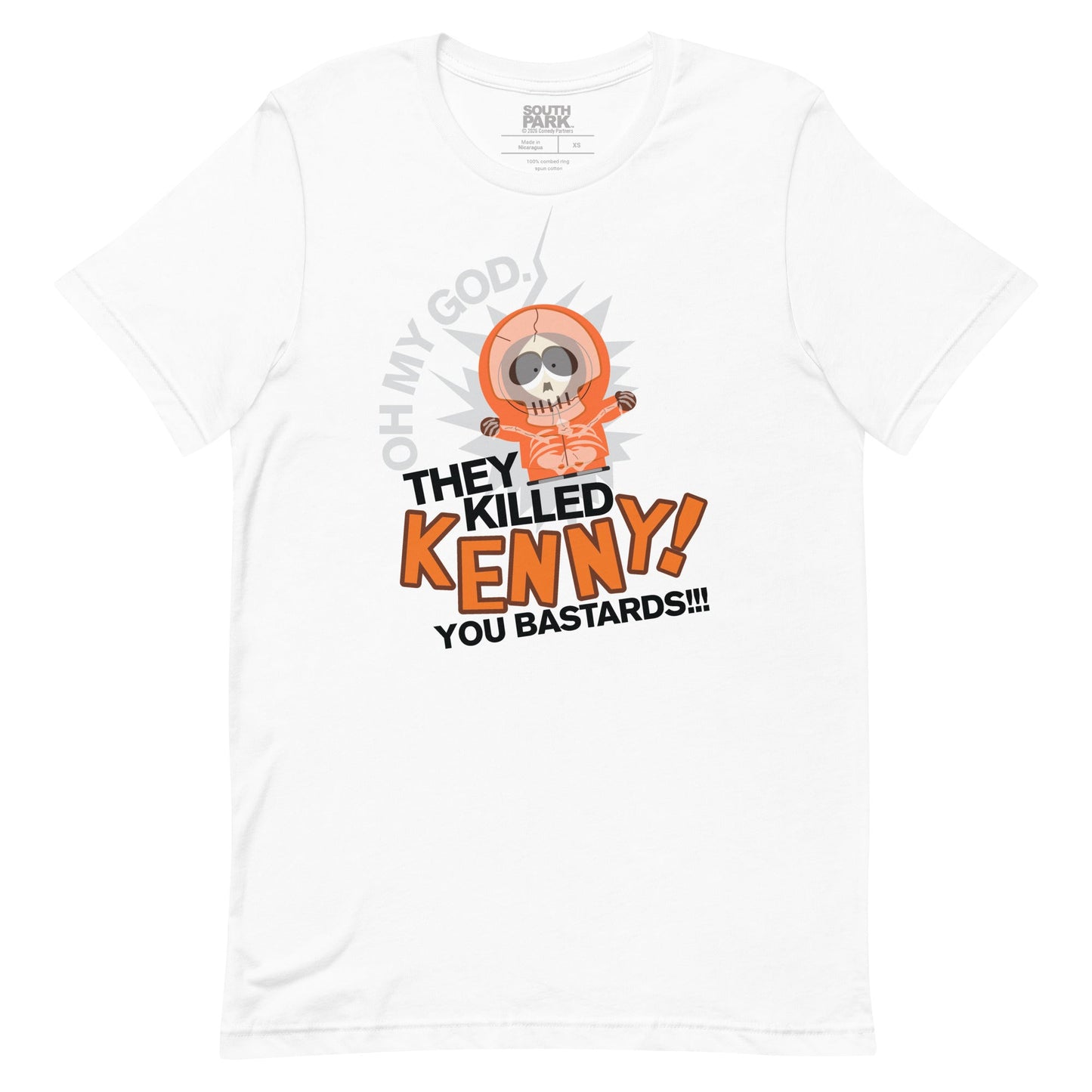 Close-up of the They Killed Kenny graphic print on the front of the South Park t-shirt