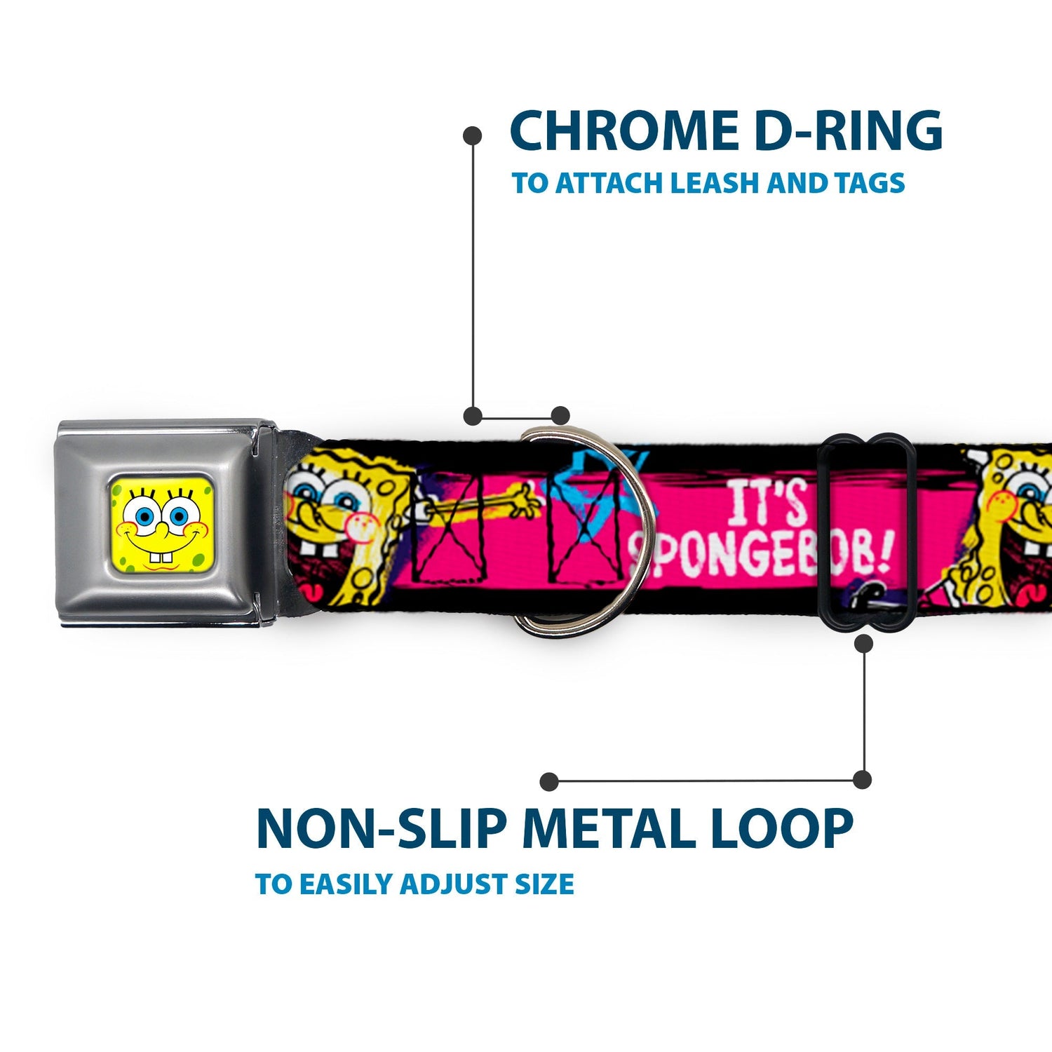 SpongeBob Dog Collar SpongeBob Face Close - Up Design Multi - Color Stripe Seatbelt Buckle - Paramount Shop