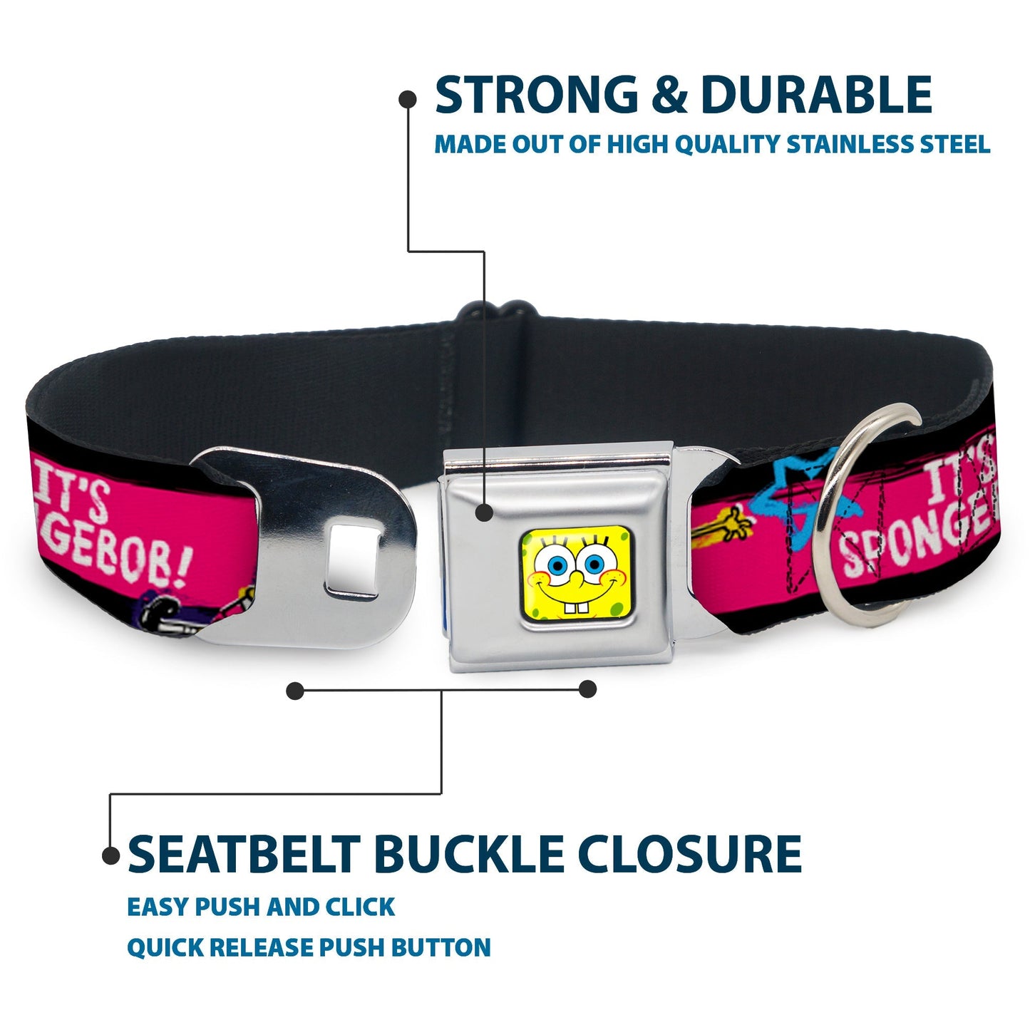 SpongeBob Dog Collar SpongeBob Face Close - Up Design Multi - Color Stripe Seatbelt Buckle - Paramount Shop