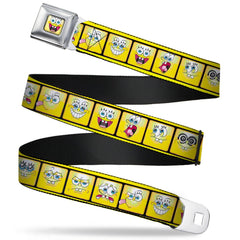 SpongeBob Seatbelt Belt Open Mouth Smile Full Color 10-Expressions Filmstrip Yellows/Black/White Webbing - Adult Reg (30"-44")