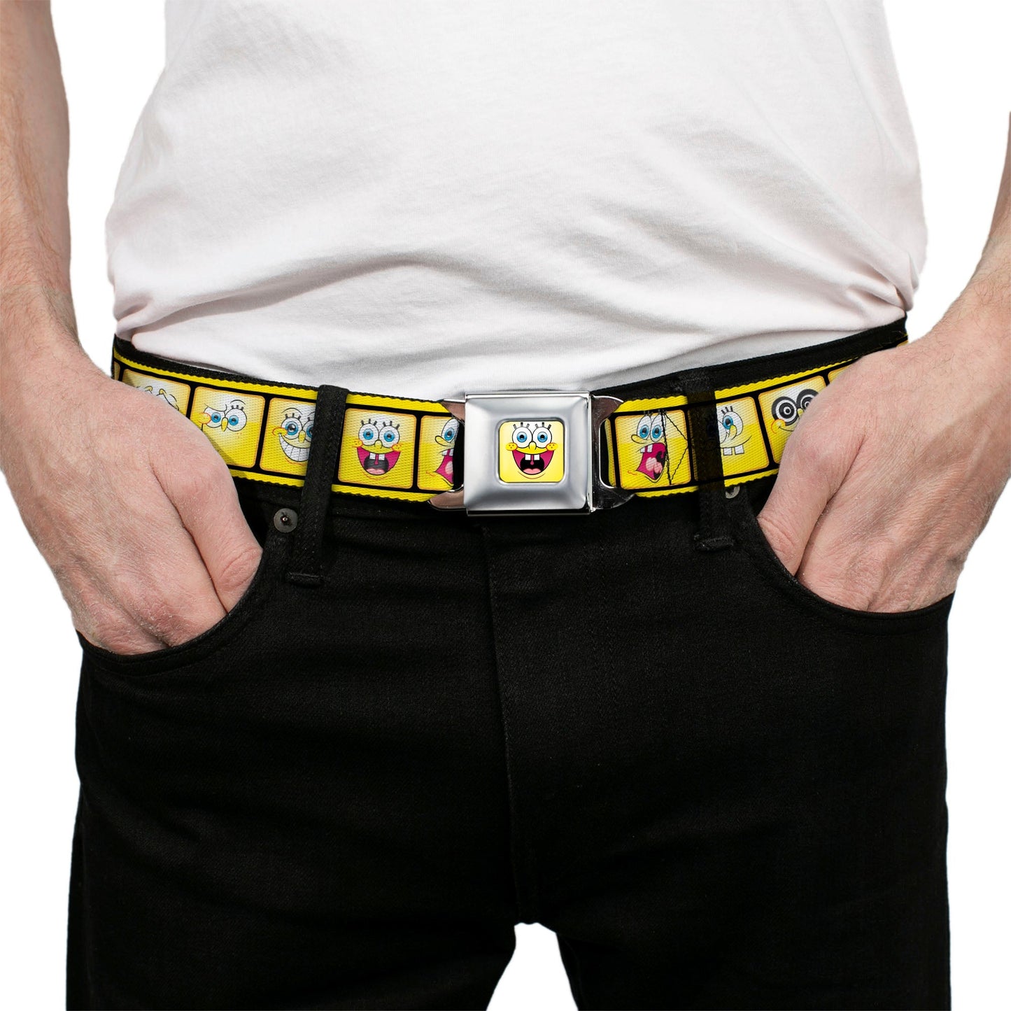 SpongeBob Seatbelt Belt Open Mouth Smile Full Color 10 - Expressions Filmstrip Yellows/Black/White Webbing - Paramount Shop