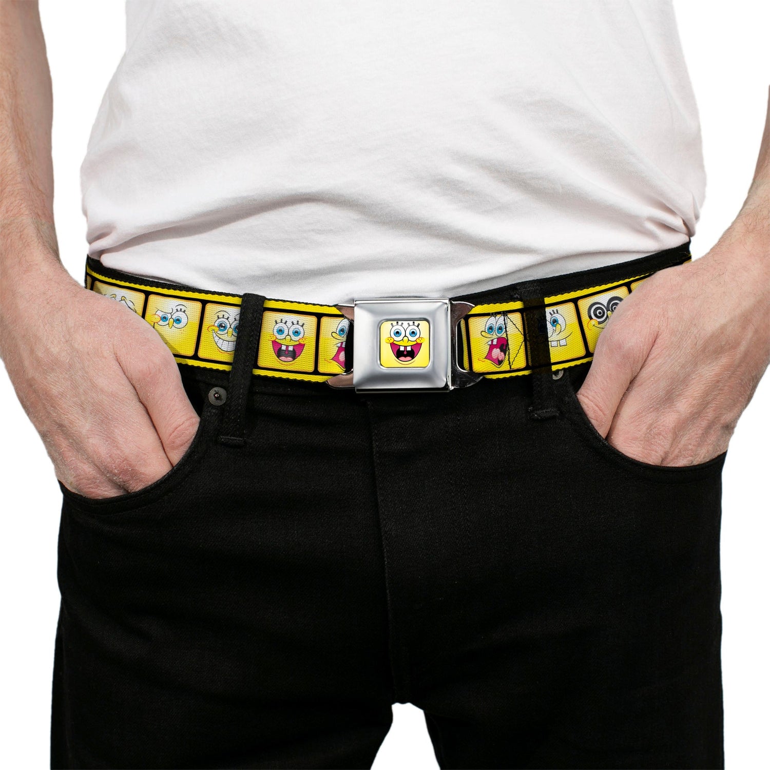 SpongeBob Seatbelt Belt Open Mouth Smile Full Color 10 - Expressions Filmstrip Yellows/Black/White Webbing - Paramount Shop