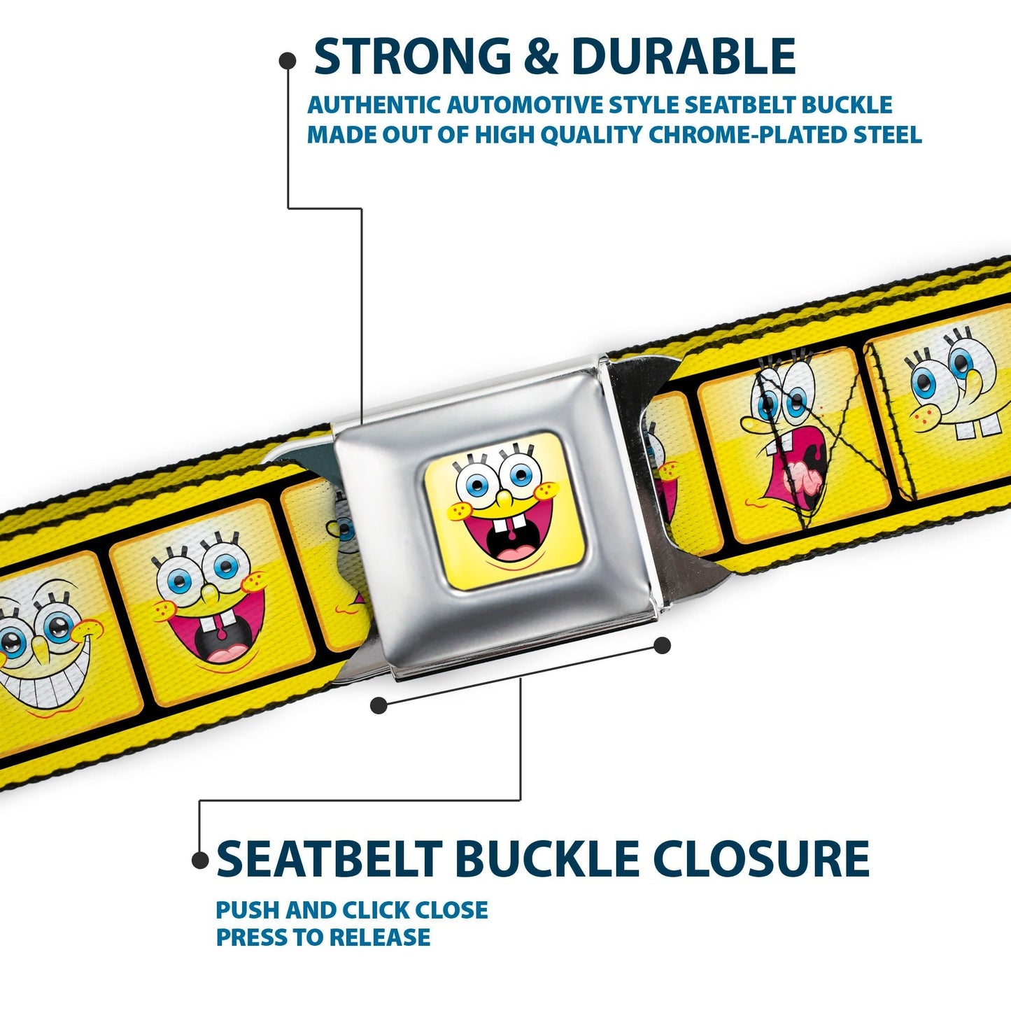 SpongeBob Seatbelt Belt Open Mouth Smile Full Color 10 - Expressions Filmstrip Yellows/Black/White Webbing - Paramount Shop