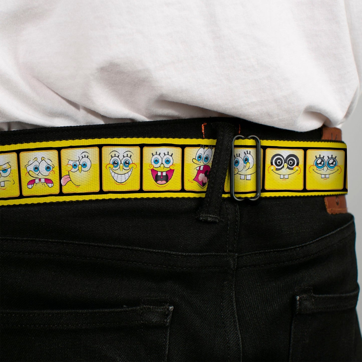 SpongeBob Seatbelt Belt Open Mouth Smile Full Color 10 - Expressions Filmstrip Yellows/Black/White Webbing - Paramount Shop