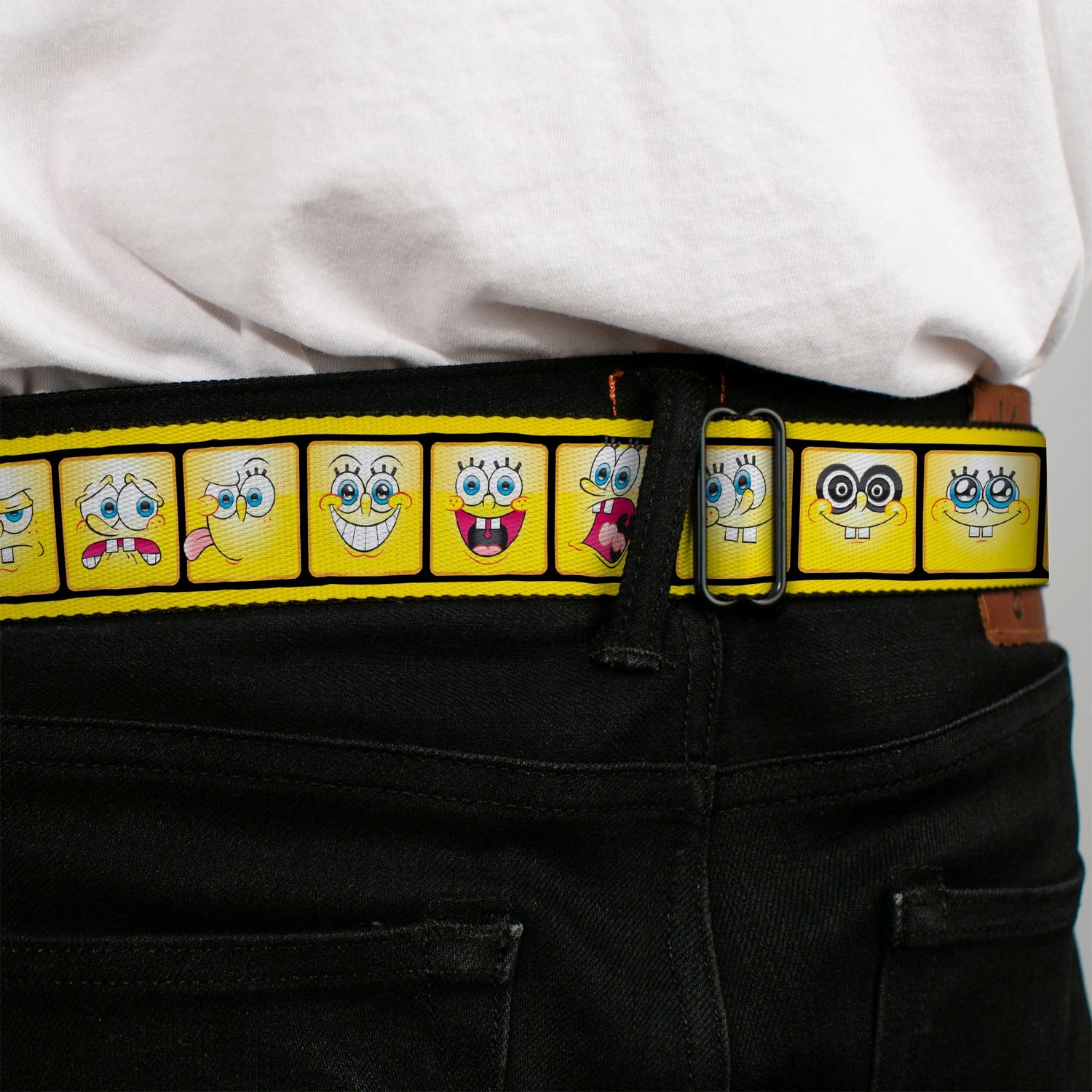 SpongeBob Seatbelt Belt Open Mouth Smile Full Color 10 - Expressions Filmstrip Yellows/Black/White Webbing - Paramount Shop