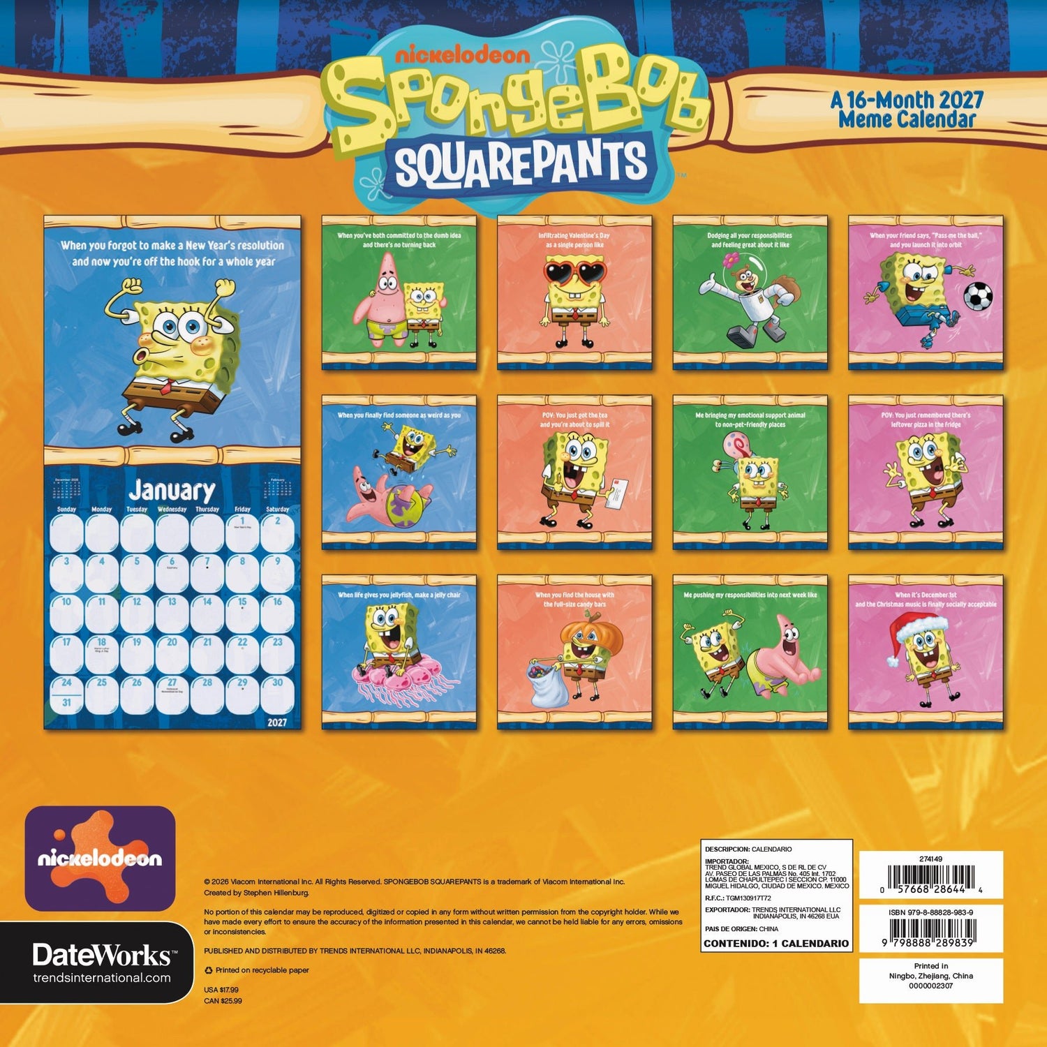 Spongebob Squarepants 2027 Wall Calendar - Paramount Shop