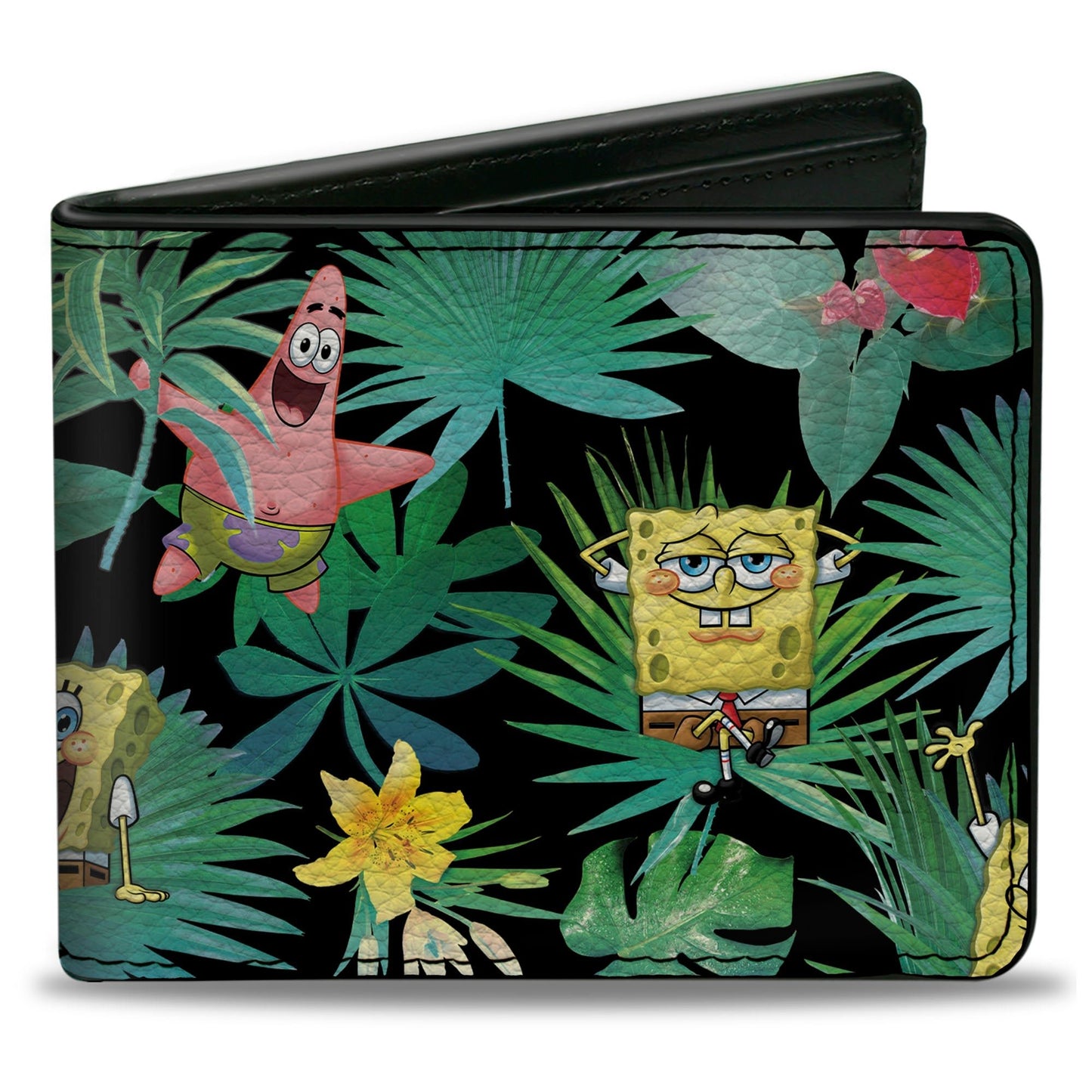 SpongeBob Squarepants and Patrick Starfish Bi - Fold Wallet Tropical Fauna Collage Vegan Leather Black - Paramount Shop