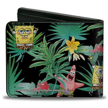 SpongeBob Squarepants and Patrick Starfish Bi - Fold Wallet Tropical Fauna Collage Vegan Leather Black - Paramount Shop
