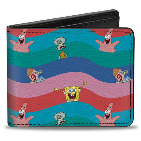 SpongeBob SquarePants Bi - Fold Wallet Friends Poses Wavy Stripe Blue Red - Paramount Shop