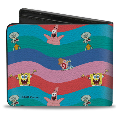 SpongeBob SquarePants Bi - Fold Wallet Friends Poses Wavy Stripe Blue Red - Paramount Shop