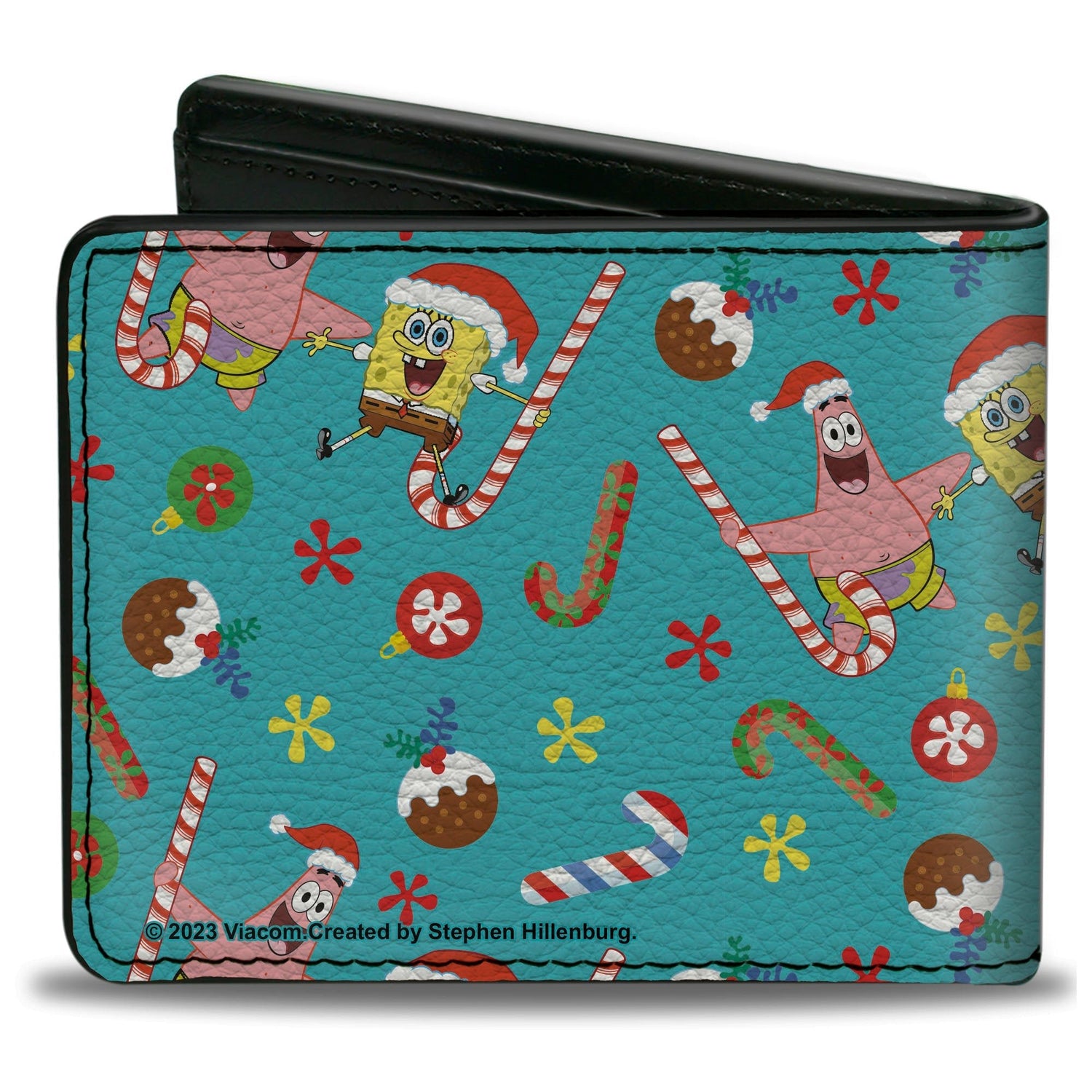 SpongeBob SquarePants Bi - Fold Wallet Holiday Treats Christmas Collage Men's Vegan Leather Turquoise - Paramount Shop
