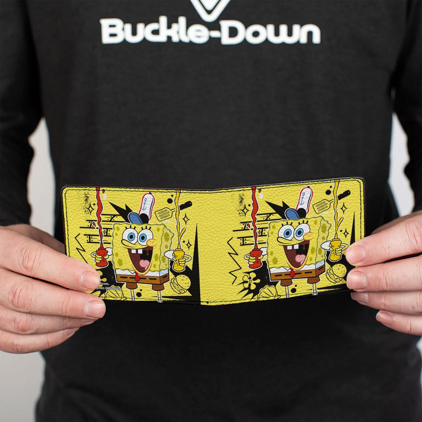 SpongeBob SquarePants Bi - Fold Wallet Krabby Patty Condiments Pose Vegan Leather Yellow/Black - Paramount Shop